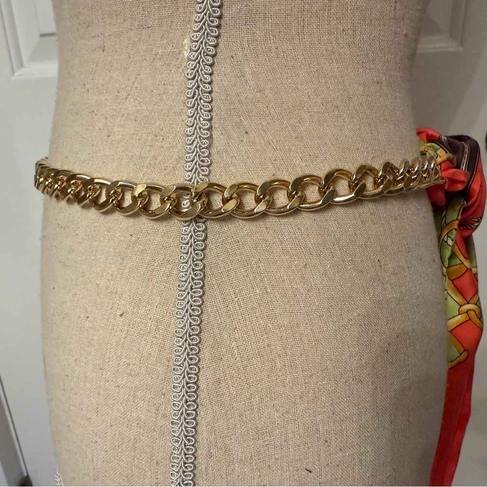 J. McLAUGHLIN BELT ORANGE GREEN SASH TIE GOLD CHAIN - Picture 4 of 9